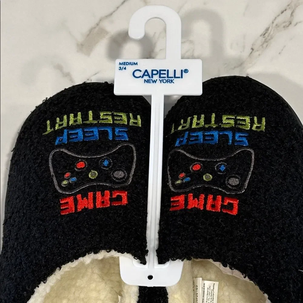 Capellini Kids Gamer Themed Slippers Indoor NEW Size 3/4 Black Faux Fur Medium